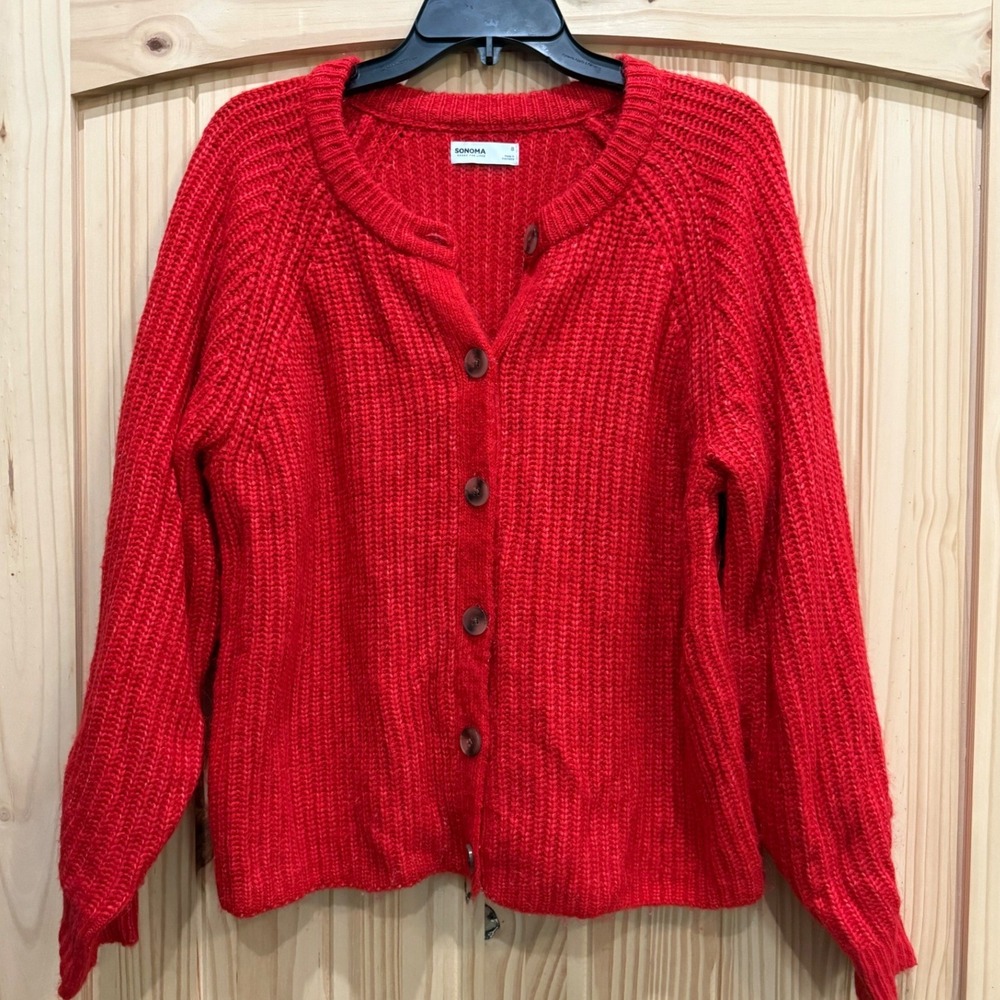 Sonoma Goods For Life Red Chunky Knit Cardigan Sweater Womens Small Shaker